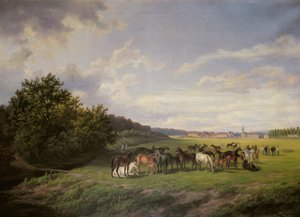 Näkymä Kladrubin hevosfarmista Böömin alueella, 1850